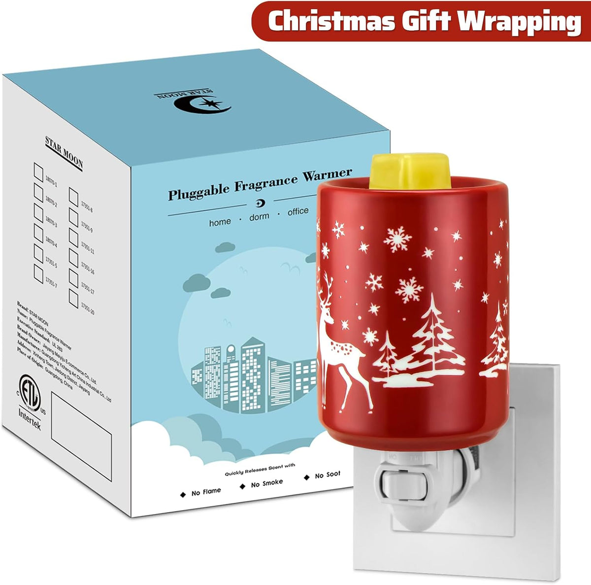 STAR MOON Pluggable Fragrance Ceramic Wax Melt Night Light Warmer for Christmas Decoration No fire Hazard Packed with Two Bulbs - Abrasive Red Reindeer