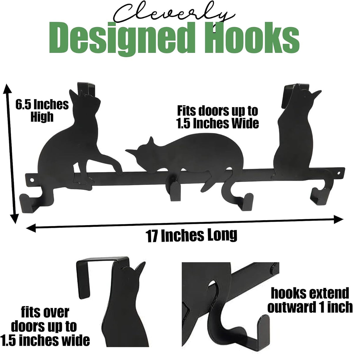 Evelots Cat Over the Door Hook Rack, 4 Hooks for Coats, Towels & Bags