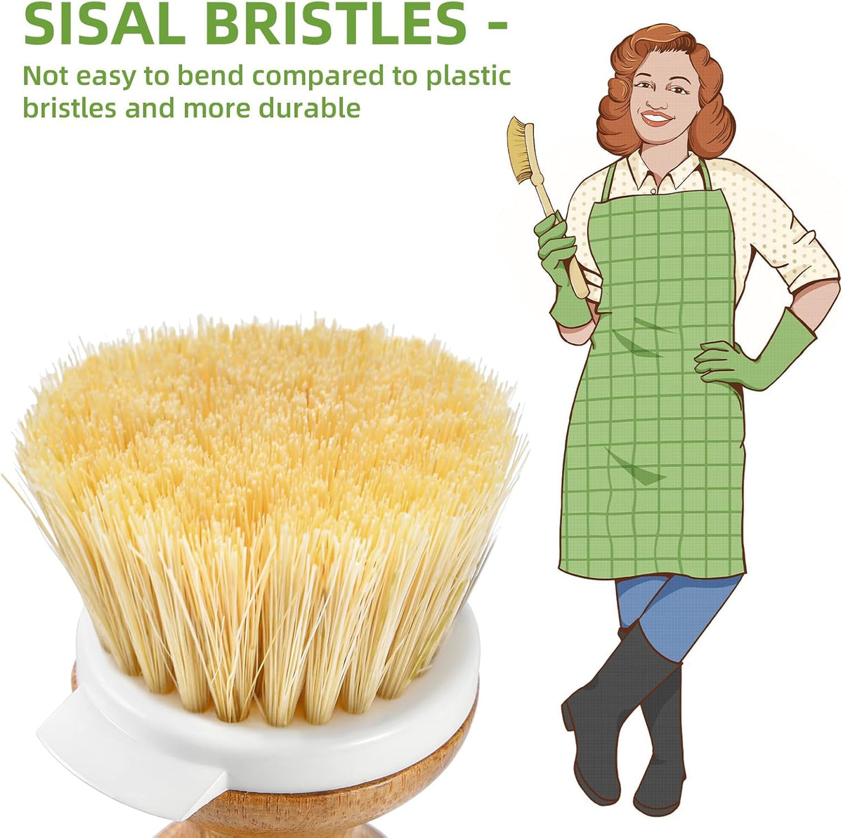 Bamboo Dish Brush,Sisal Brush with Scraper,2 Pack with Ceramic Holder