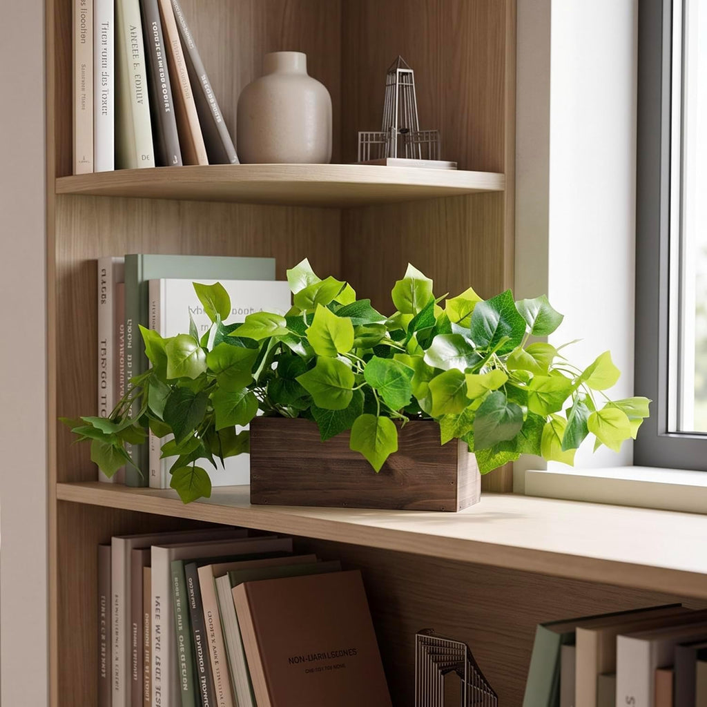 MyGift Artificial Grape Leaf Vine, Rustic Brown Wood Planter Box