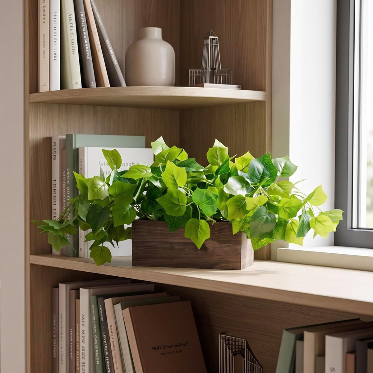 MyGift Artificial Grape Leaf Vine, Rustic Brown Wood Planter Box