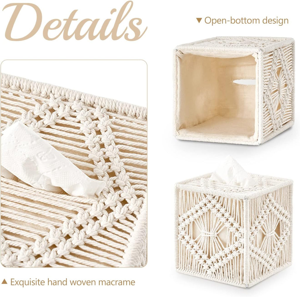 Mkono Tissue Box Cover Square, Boho Macrame Decor Open-Bottom Holder, Ivory
