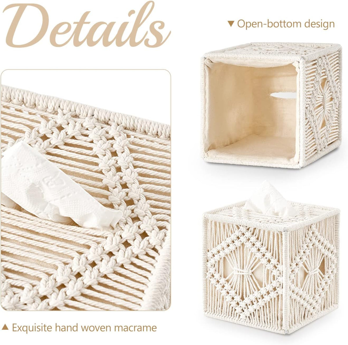Mkono Tissue Box Cover Square, Boho Macrame Decor Open-Bottom Holder, Ivory