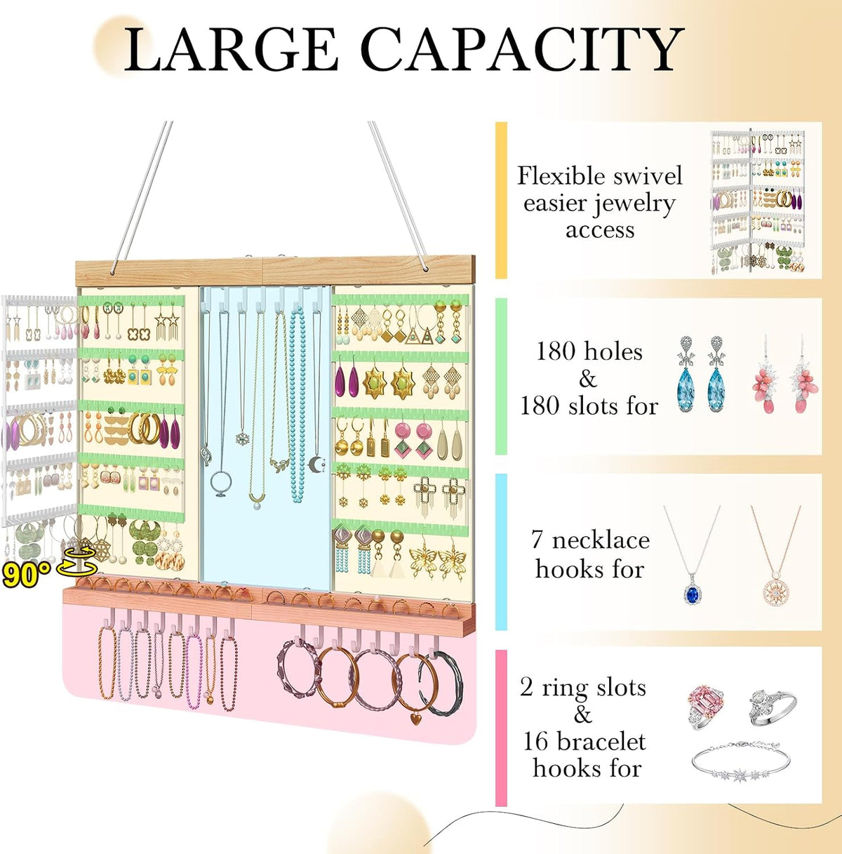 Large Rotating Hanging Jewelry Organizer, 5-Tier Wall Mounted Earring Holder for 180 Pairs, Jewelry Rack for Earrings, Necklaces, Bracelets & Rings, Necklaces, Bracelets & Rings, for Girls, White