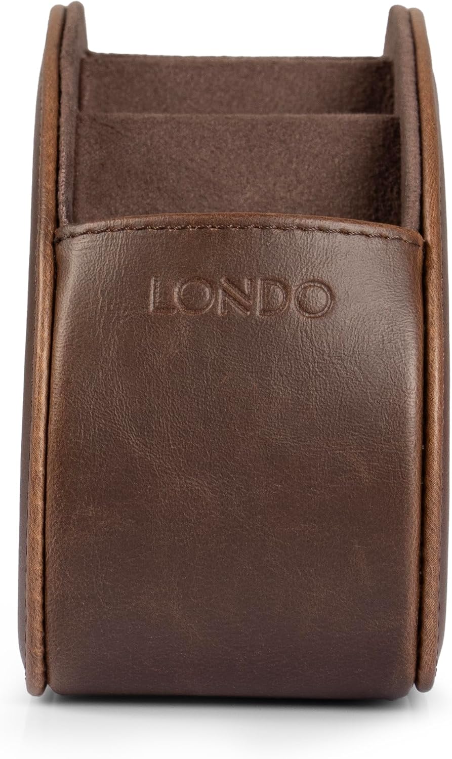 Londo PU Vegan Leather Remote Control Holder with 5 Pockets, Nightstand Caddy & Bedside Organizer for TV, DVD, Blu-Ray, Roku, Apple TV Remotes, Phones, Glasses — Suede Lined Gift for Dad, Dark Brown