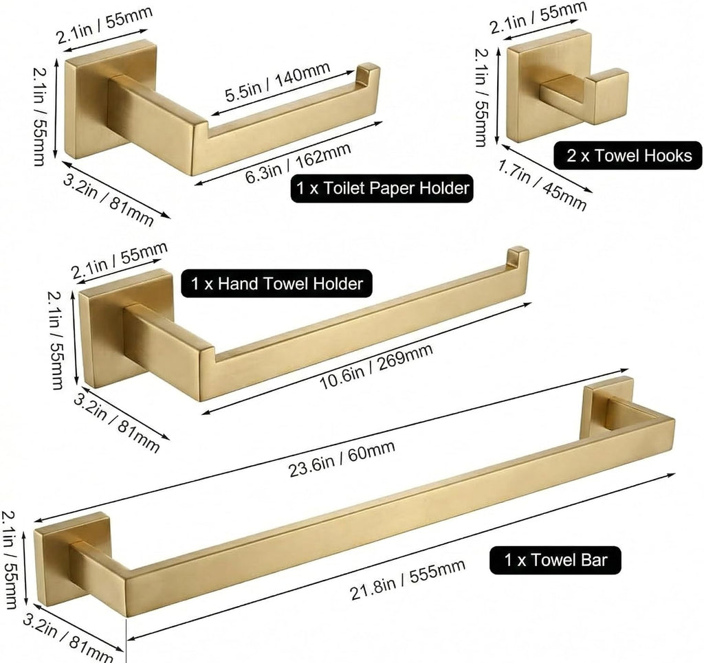 5-Piece Bathroom Hardware Set, 23.6 in Towel Bar, Brushed Gold