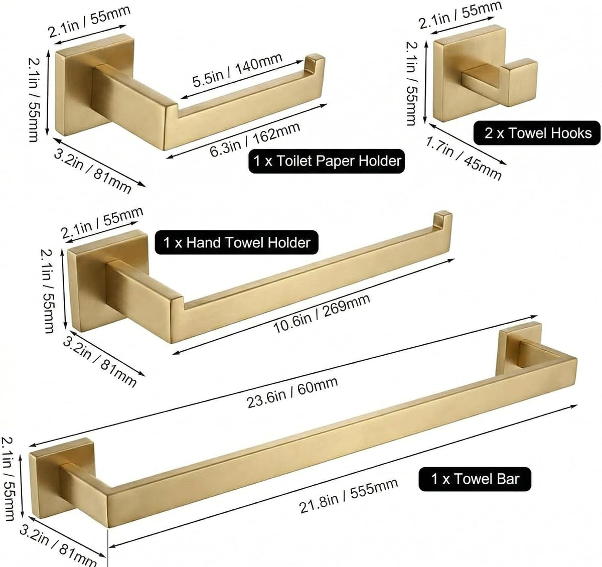 5-Piece Bathroom Hardware Set, 23.6 in Towel Bar, Brushed Gold