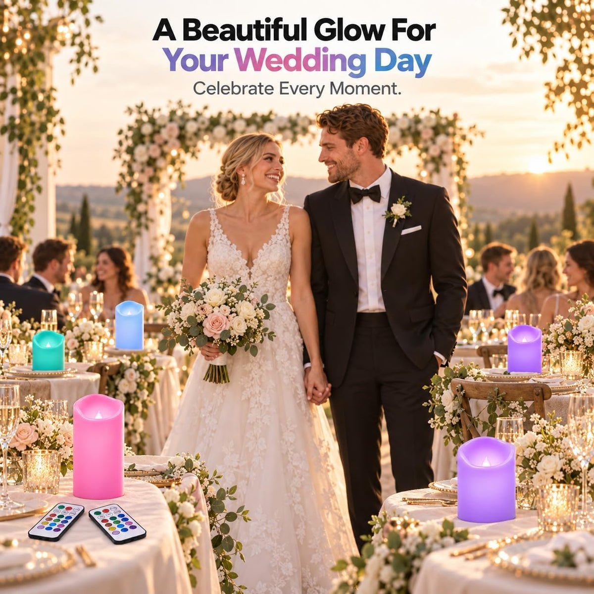Enido Set of 9 Flameless Candles, Color Changing LED Candles(D: 3" x H: 4" 5" 6") Battery Operated Outdoor Waterproof Pillar Candles for Halloween and Christmas Decoration