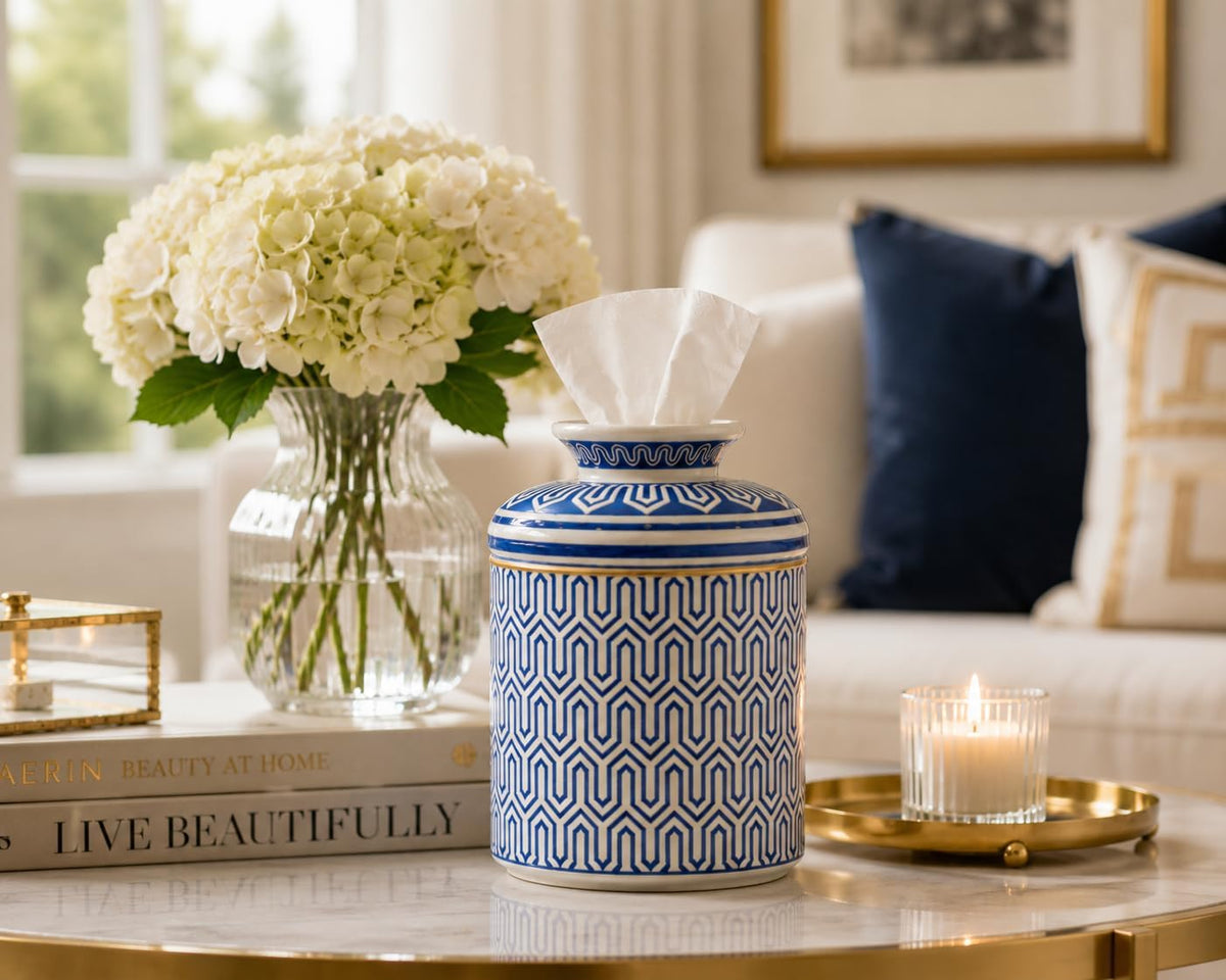 Ceramic Round Tissue Box Cover Aesthetic Tissue Box Holder Decorative for Bathroom, Home Décor,Vanity Countertop,Night Stands,Office Desk-4.9x6.7in,Line B Blue