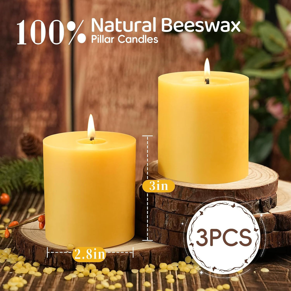 Natural Beeswax Pillar Candles,Non Toxic,2.8x3 inch,3 Pack,132 H Long Burn