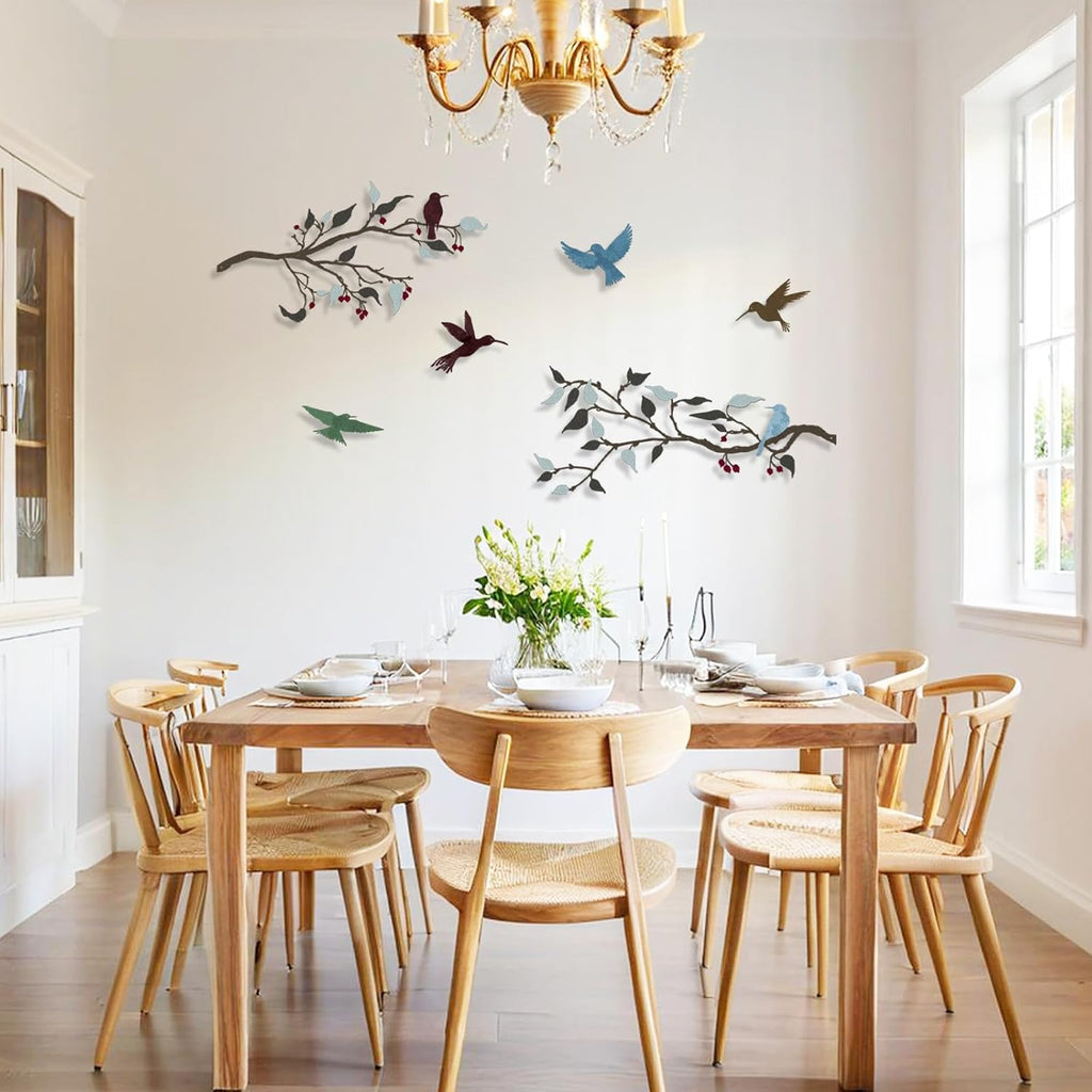 4PCS Metal Birds Wall Decor, Birds on the Branch Silhouette Art, Metal Leaves with Hummingbirds Outdoor Art Hanging Wall Sculpture for Home Office Balcony Garden Decor.（Colorful,Hummingbirds）