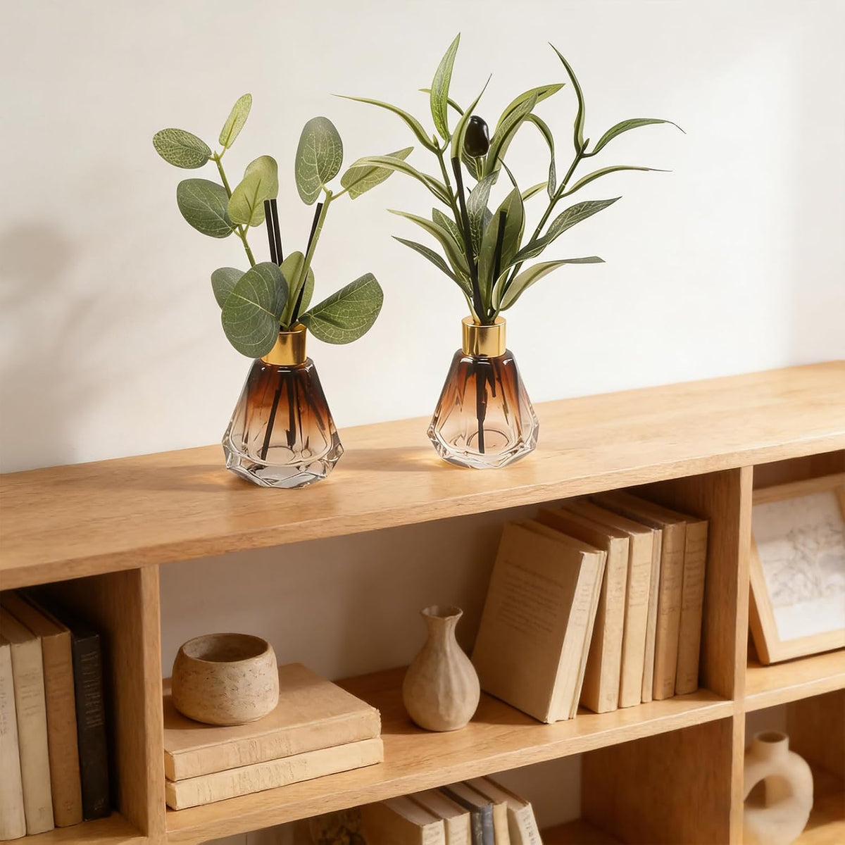 2Pcs Empty Reed Diffuser Brown Glass Bottle Set with Artificial Plant Decor