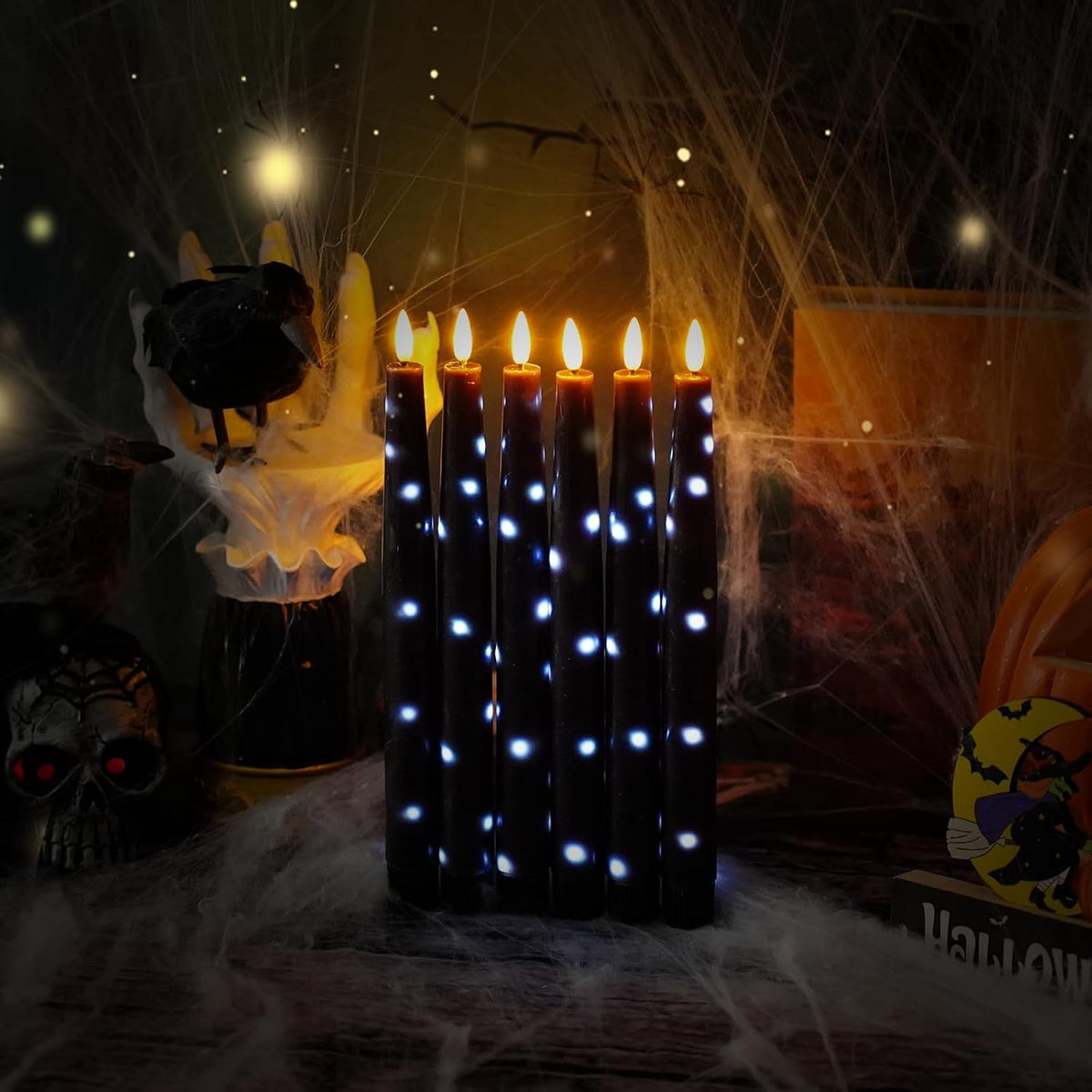 Nimiko Flameless Taper Candles with Star Lights, Remote Control, and Timer Control, Made of Real Wax, LED Battery-Powered Candles Suitable for Home, Party, and Wedding Decorations 6-Pack Black