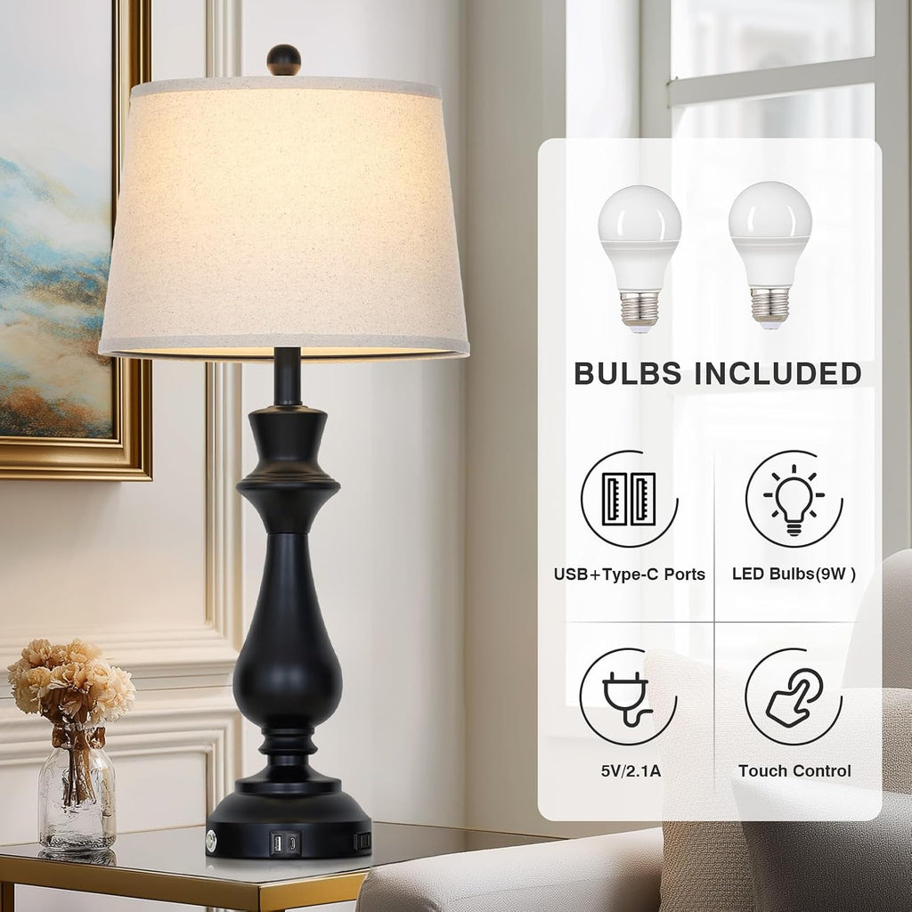 Modern Black Table Lamps Set of 2 for Living Room,30" Tall Bedside Lamp with USB Charging Port,3-Way Dimmable Touch Nightstand Lamp for Bedroom Desk Side Table Office,Black