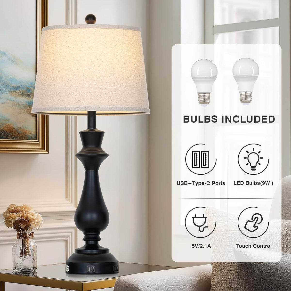 Modern Black Table Lamps Set of 2 for Living Room,30" Tall Bedside Lamp with USB Charging Port,3-Way Dimmable Touch Nightstand Lamp for Bedroom Desk Side Table Office,Black