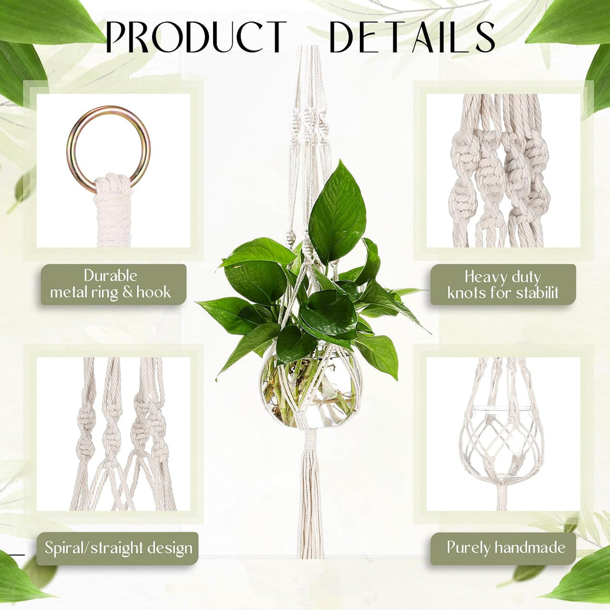 Colingmill 6 Pcs Boho Macrame Plant Hanger with Small Plastic Pot Hanging Plant Holder Wall Planter Propagation Station Include Hooks Kit for Indoor Home Garden Office Decor 3 Size (White)