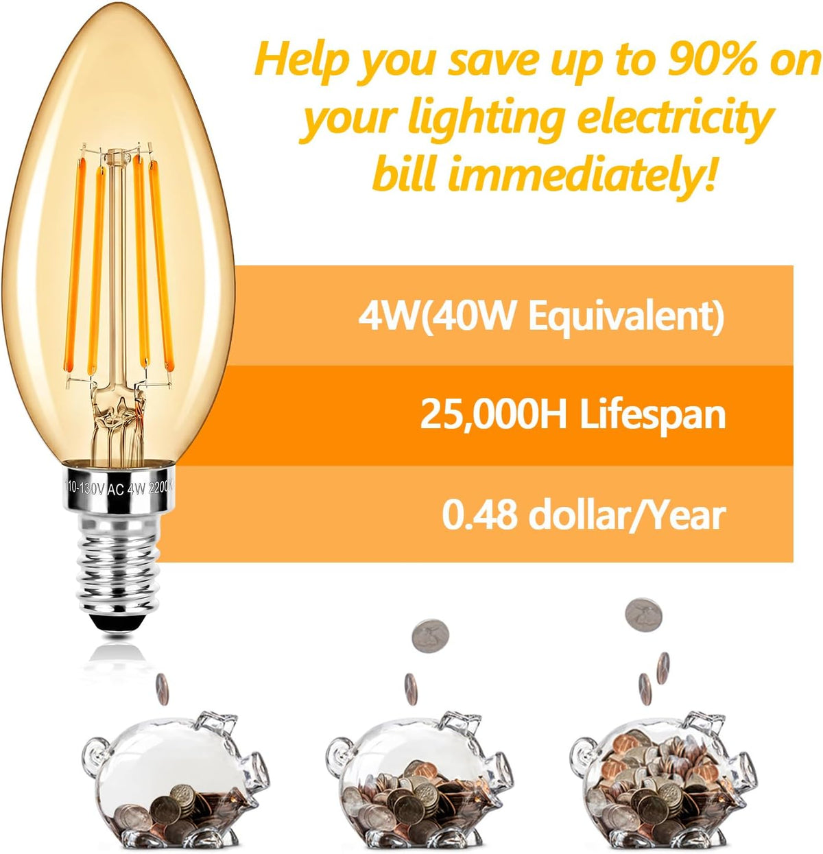 E12 LED Candelabra Bulbs 40 Watt Equivalent, 4W Vintage Candle Light Bulbs Dimmable, 350Lm Amber Warm White 2200K B10 Edison Bulb, Filament Clear Glass Lamp Bulb for Chandelier Ceiling Fan (5 Packs)