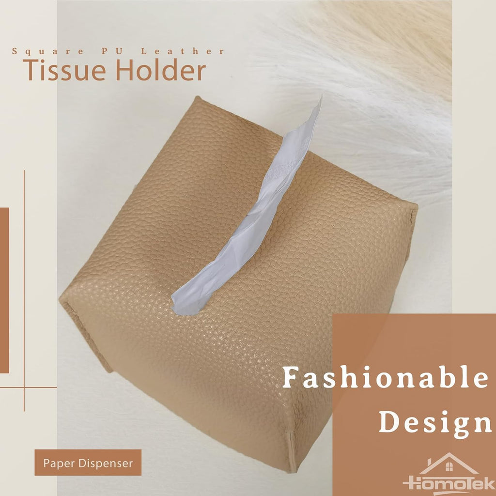 HOMOTEK 2 Pack Tissue Box Cover, Square PU Leather Tissue Holder, Decorative Facial Tissue Cube Paper Organizer Dispenser for Bathroom, Night Stands, Desk, Car 5X5X5'' - Beige, Pebble Grain