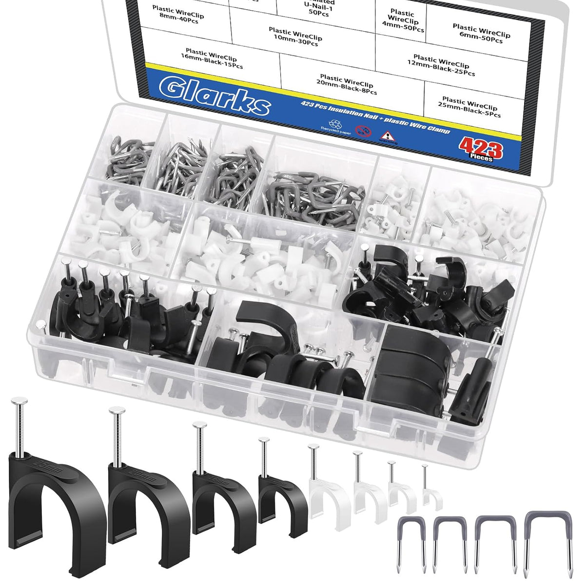 Glarks 423pcs Cable Clips with Steel Nail and Insulated U Staple Nail Kit, 223pcs M4/6/8/10/12/16/20/25 Cable Wire Clips, 200pcs Electrical U Staple Nail, Wire Staples Cord Clips for Cable Management