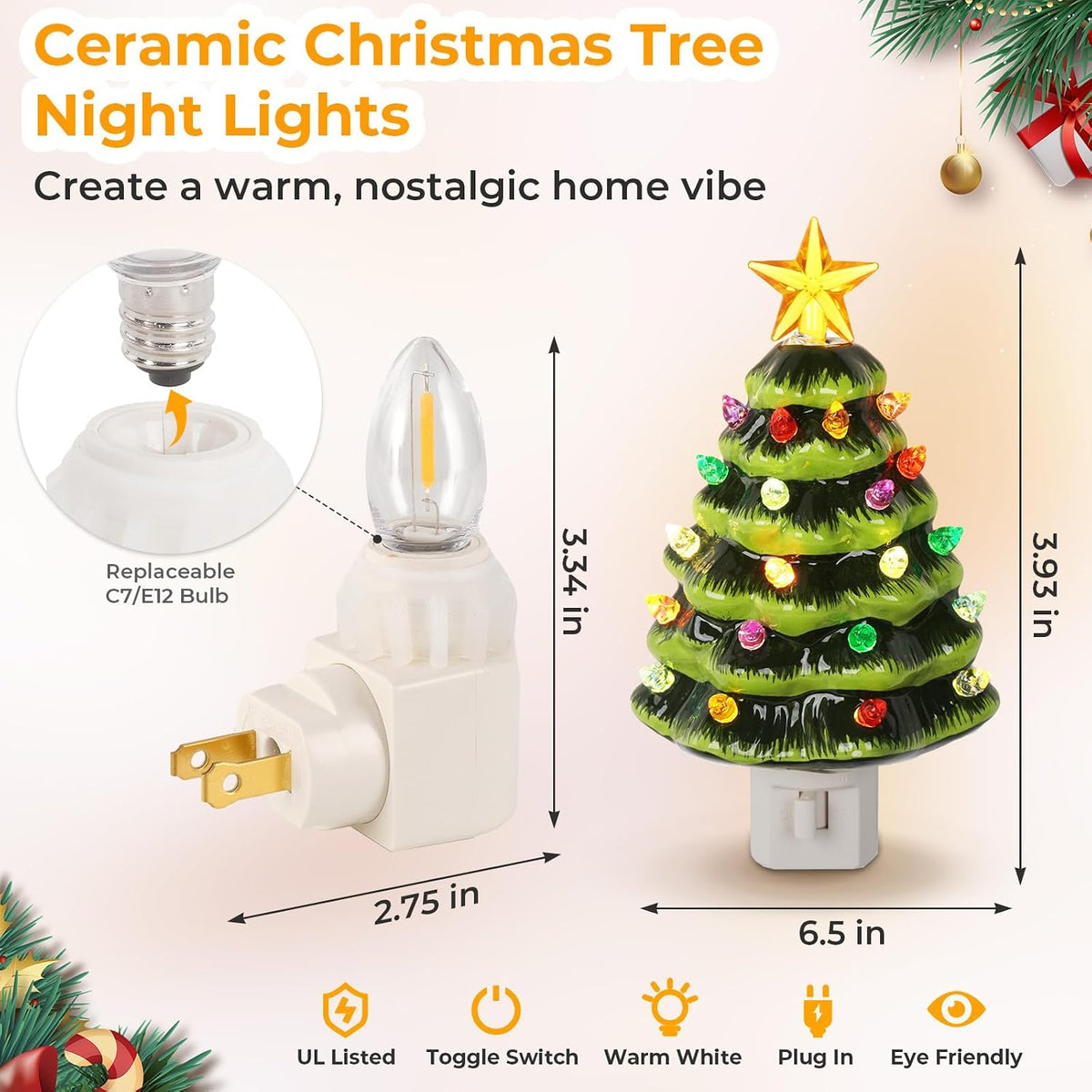 Brightever Ceramic Tree Night Light for Christmas Wall Decorations, 6" H Decorative Christmas Tree Nightlight with Multicolor Bulbs, On/Off Switch, Retro Xmas Decor for Bathroom, Bedroom - Green
