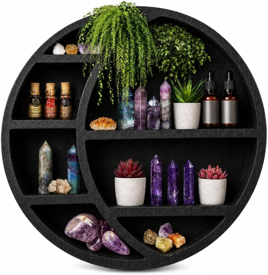 Wooden Crescent Moon Shelf Wall Decor — Aesthetic Floating Crystal Display Holder & Hanging Wall Organizer for Bedroom, Dorm & Spiritual Room Decor | 14"x14"x3.5" | (Black)