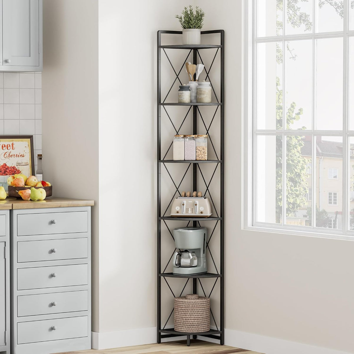 6 Tier Corner Shelf Stand, 78" H Tall Corner Bookshelf, Black