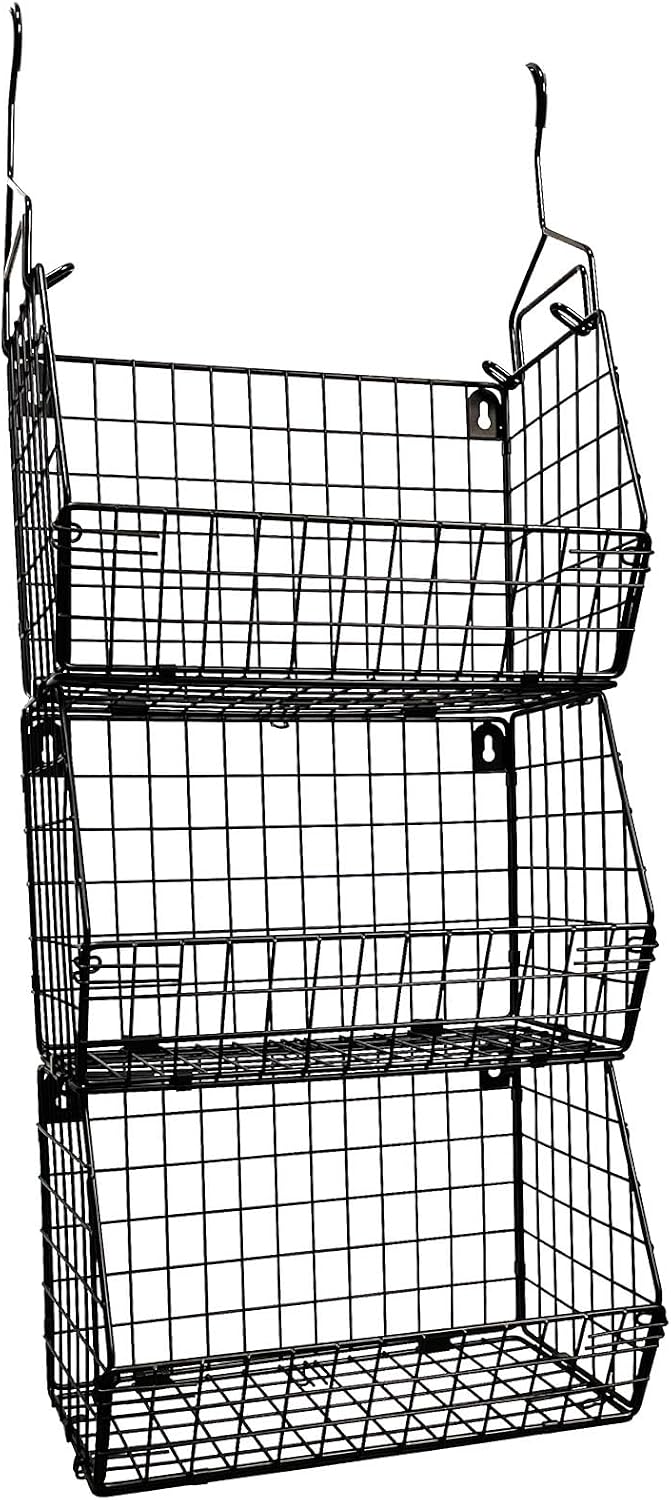 3 Tier Hanging Foldable Wire Baskets Closet Organizer Shelf with Clothes Storage Wall Mount or Countertop Caddy Bin for Clothing Handbags Snacks Drinks Fruits