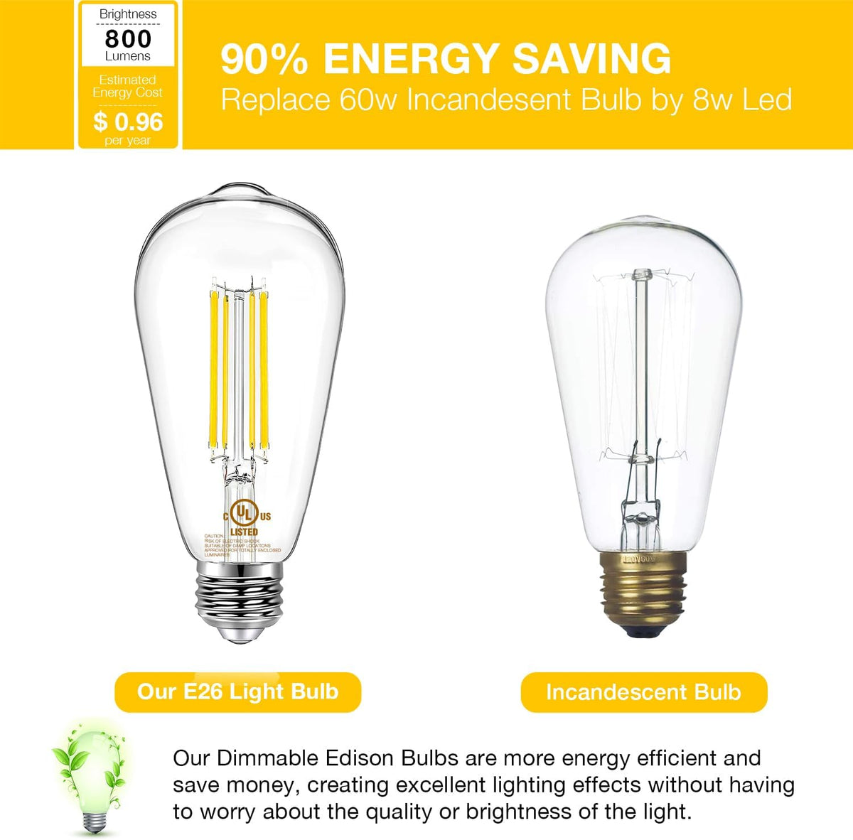 DAYBETTER 8 Pack Vintage LED Edison Bulbs, E26 Led Bulb 60W Equivalent, Dimmable Led Light Bulbs, High Brightness 800 LM Neutral White 4000K, ST58 Antique Filament Bulbs, Clear Glass Style for Home