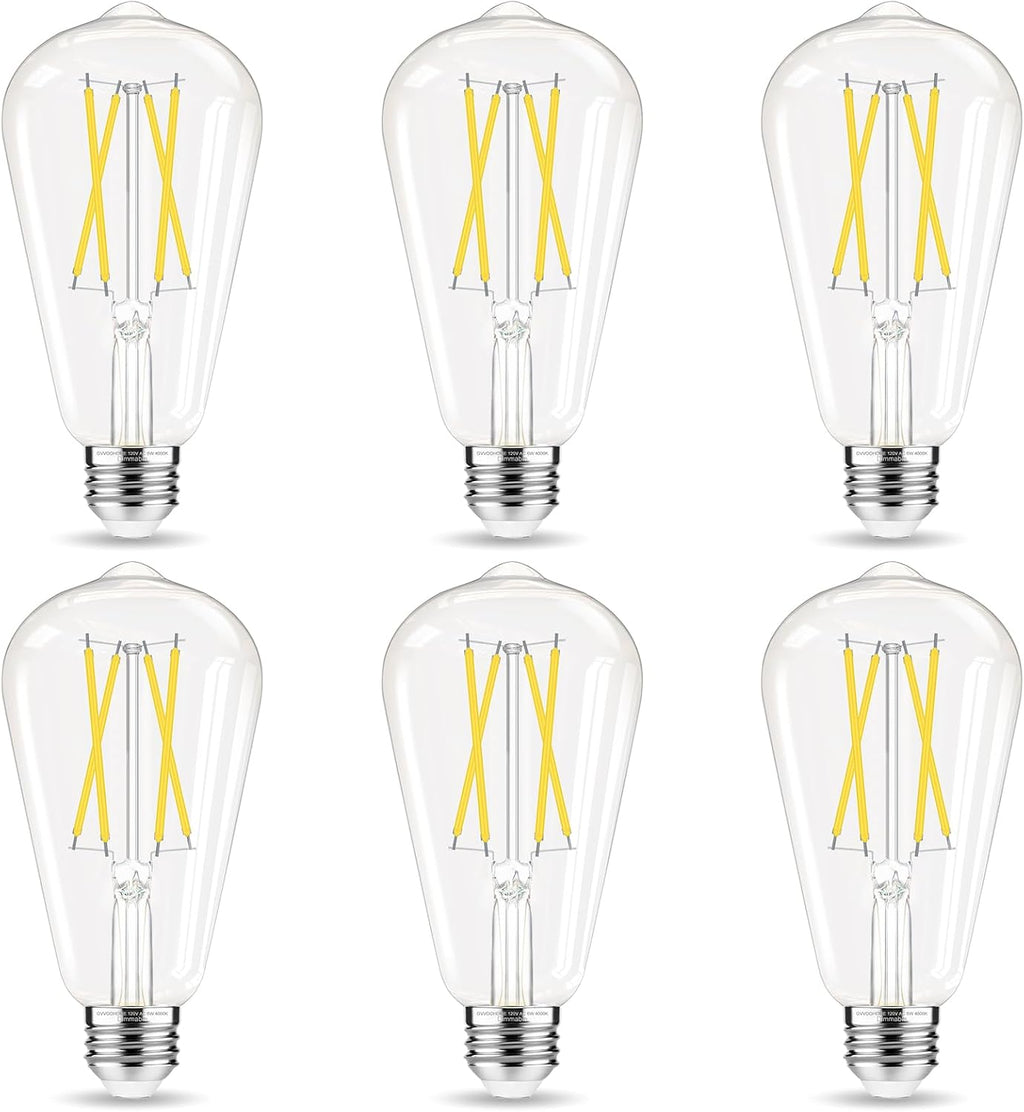 GvvooHome Dimmable LED Edison Bulb, E26 LED Bulb 60 watt Equivalent, Cool White 4000K, ST58 Vintage Light Bulbs, 90+ CRI, 6W 600LM, E26 Base, Clear Glass, 6 Pack