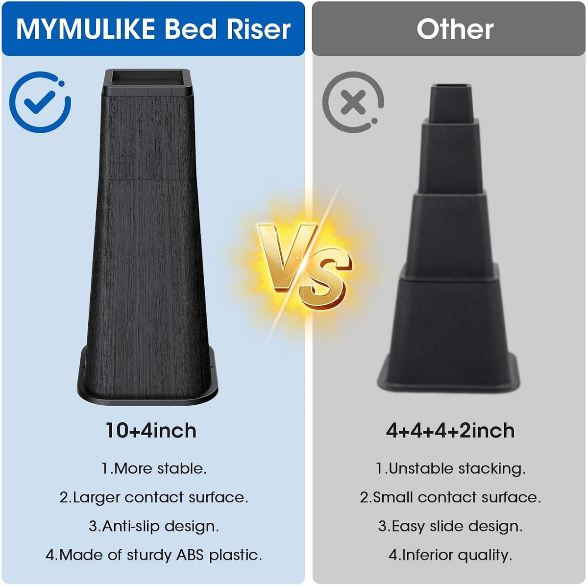 MYMULIKE Bed Risers 14 Inch Heavy Duty, Stackable Furniture Risers Lifts 10inch 4inch, 14inch for Table, Desk Leg, Sofa, Couch, Supports Up to 6,000 Lbs, Black, 4 Pack