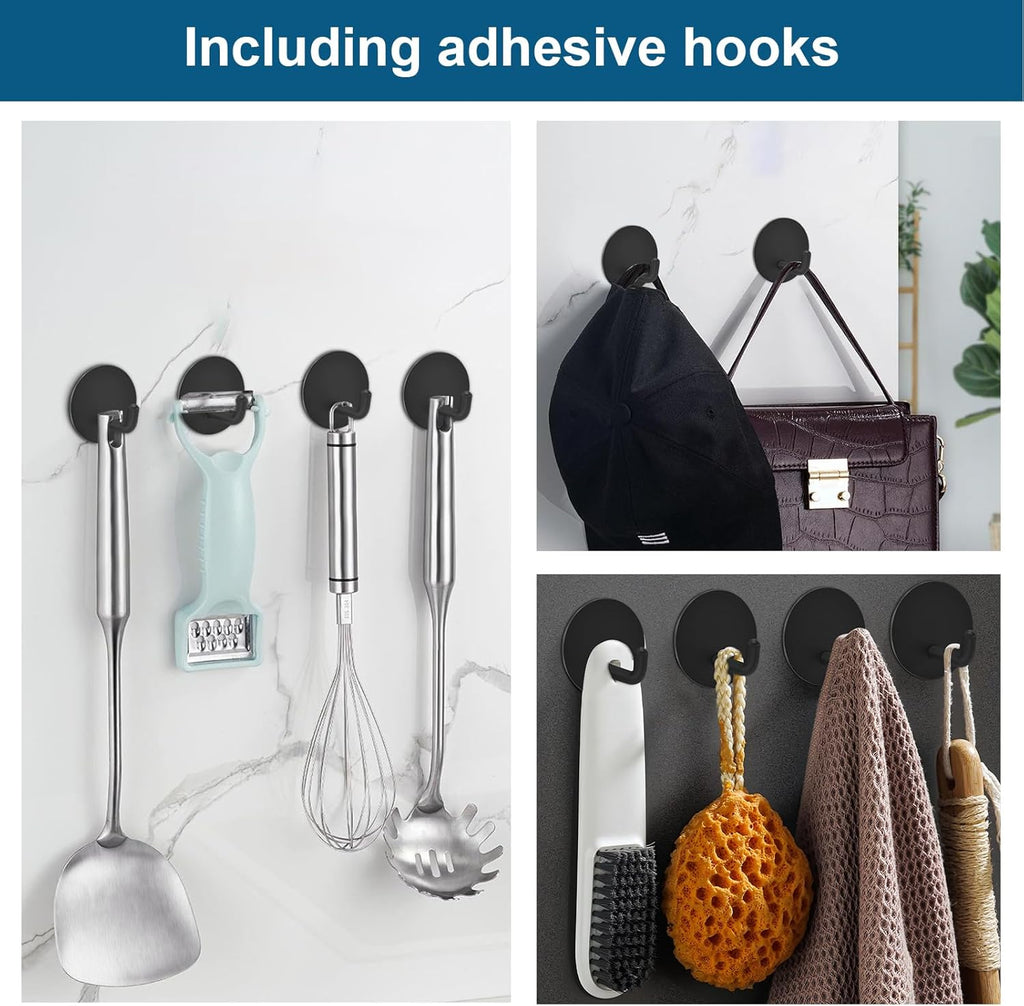 Diesisa Razor Holder for Shower + Adhesive Wall Hooks, Premium 304 Stainless Steel Shower Razor Holder with Heavy Duty Waterproof Sticky Hooks for Hanging Towels, Coat, hat (4+4 Pack) - Black