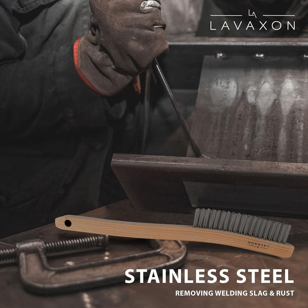 Lavaxon Wire Brush Set-Heavy Duty Stainless Steel Bristles with Wood Handle Grip for Rust, Wielding Slag, Dirt & Paint Scrubbing with Deep Cleaning – 14 Inches (Pack of 2)