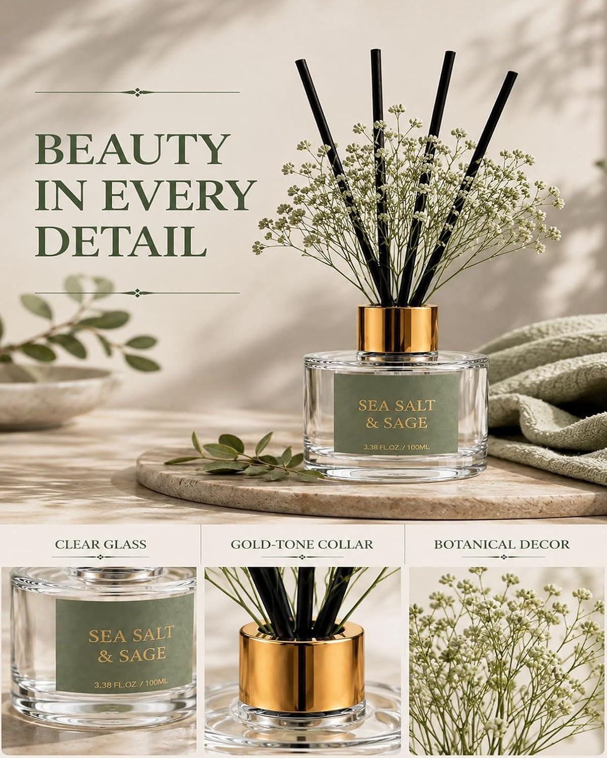 Reed Diffuser Set, Sea Salt Sage, 3.38 fl oz with 6 Sticks