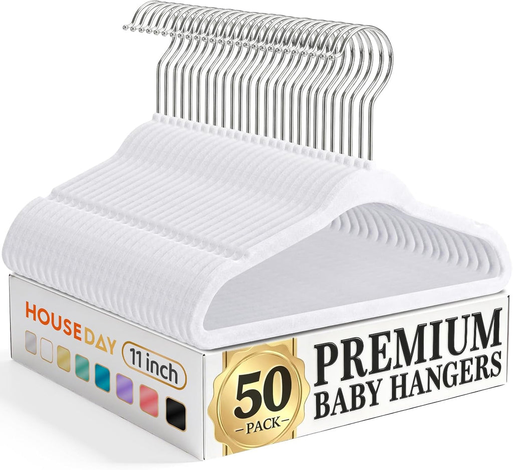 HOUSE DAY 11 Inch Velvet Baby Hangers 50 Pack, Premium Kids Hangers White