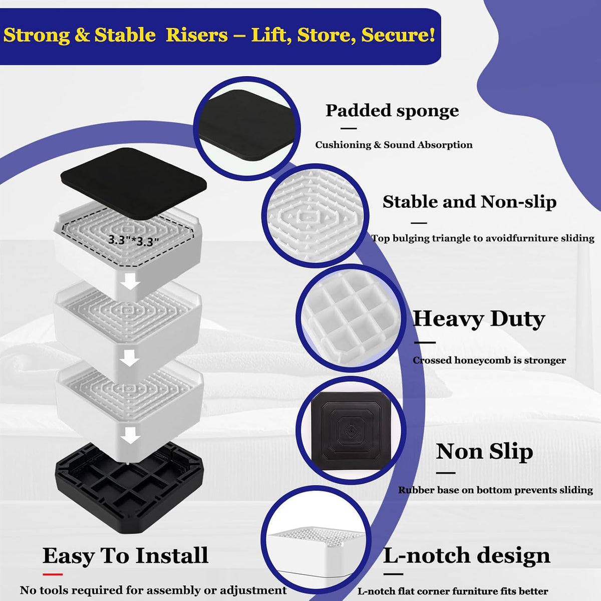 Bed Risers Heavy Duty, Adjustable Furniture Riser Blocks Lift 1.5, 3, 4.3 inches for Couch Table Desk Sofa Chair Legs, Refrigerator, Washing Machine - Support up to 4000 lbs (White 4 Pack, 4.3 inch)