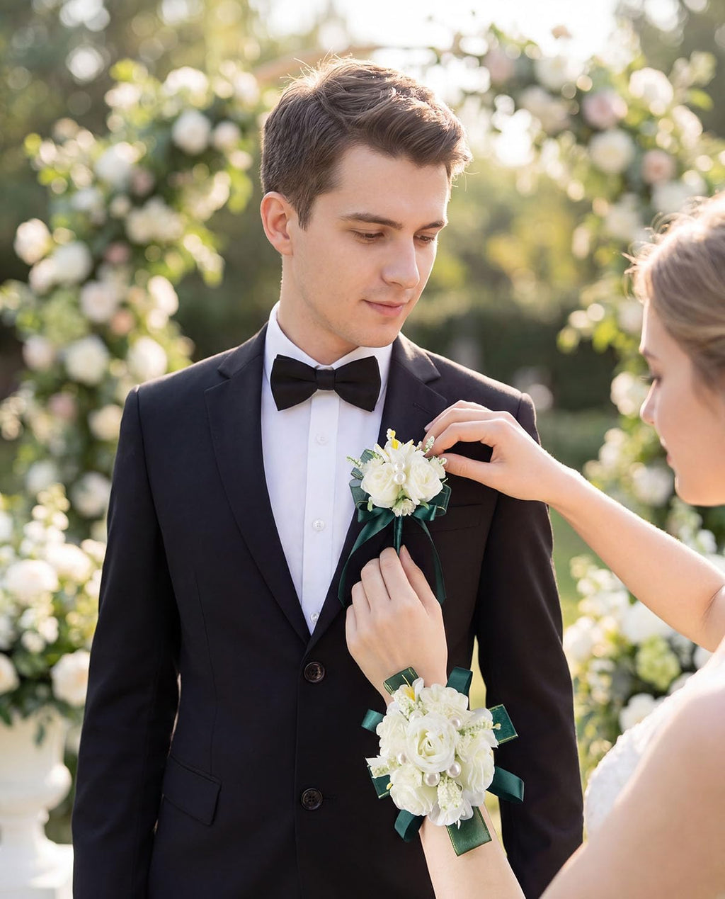 White Green Corsage and Boutonniere Set Prom Wrist Corsage Flower