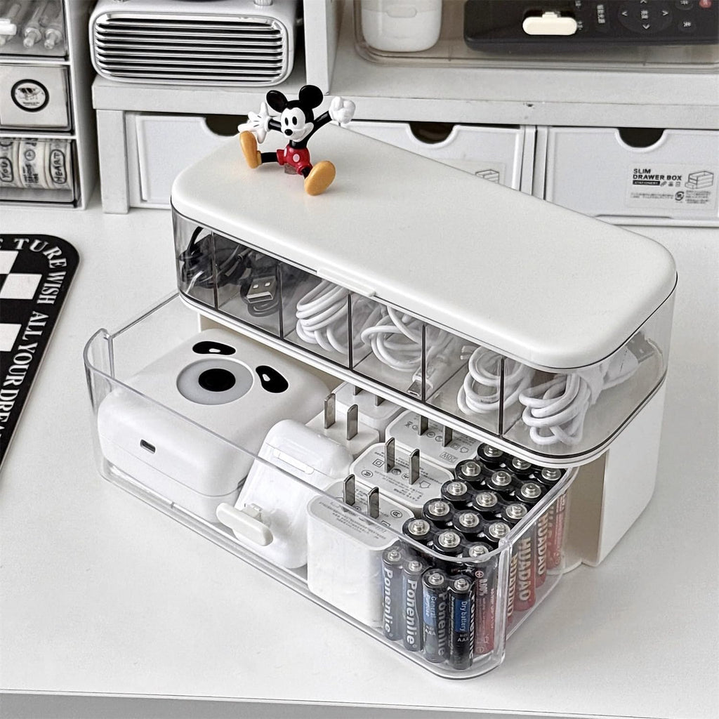 Cord Organizer Box with Lid, Stackable Cable & Charger Organizer, Clear Cable Management Box with 6 Compartment for Office, Desk, Drawer