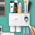 Multifunctional Wall-Mounted Toothbrush Holder, Automatic Toothpaste Dispenser Space Saving Toothbrush and Toothpaste Holder, with 2 Cup and Drawers Cosmetic Organizer (Blue)
