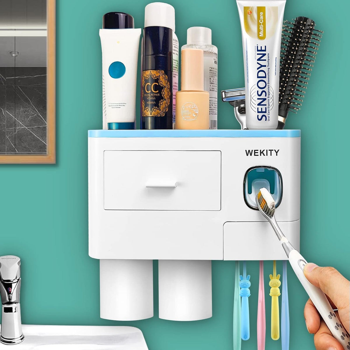Multifunctional Wall-Mounted Toothbrush Holder, Automatic Toothpaste Dispenser Space Saving Toothbrush and Toothpaste Holder, with 2 Cup and Drawers Cosmetic Organizer (Blue)