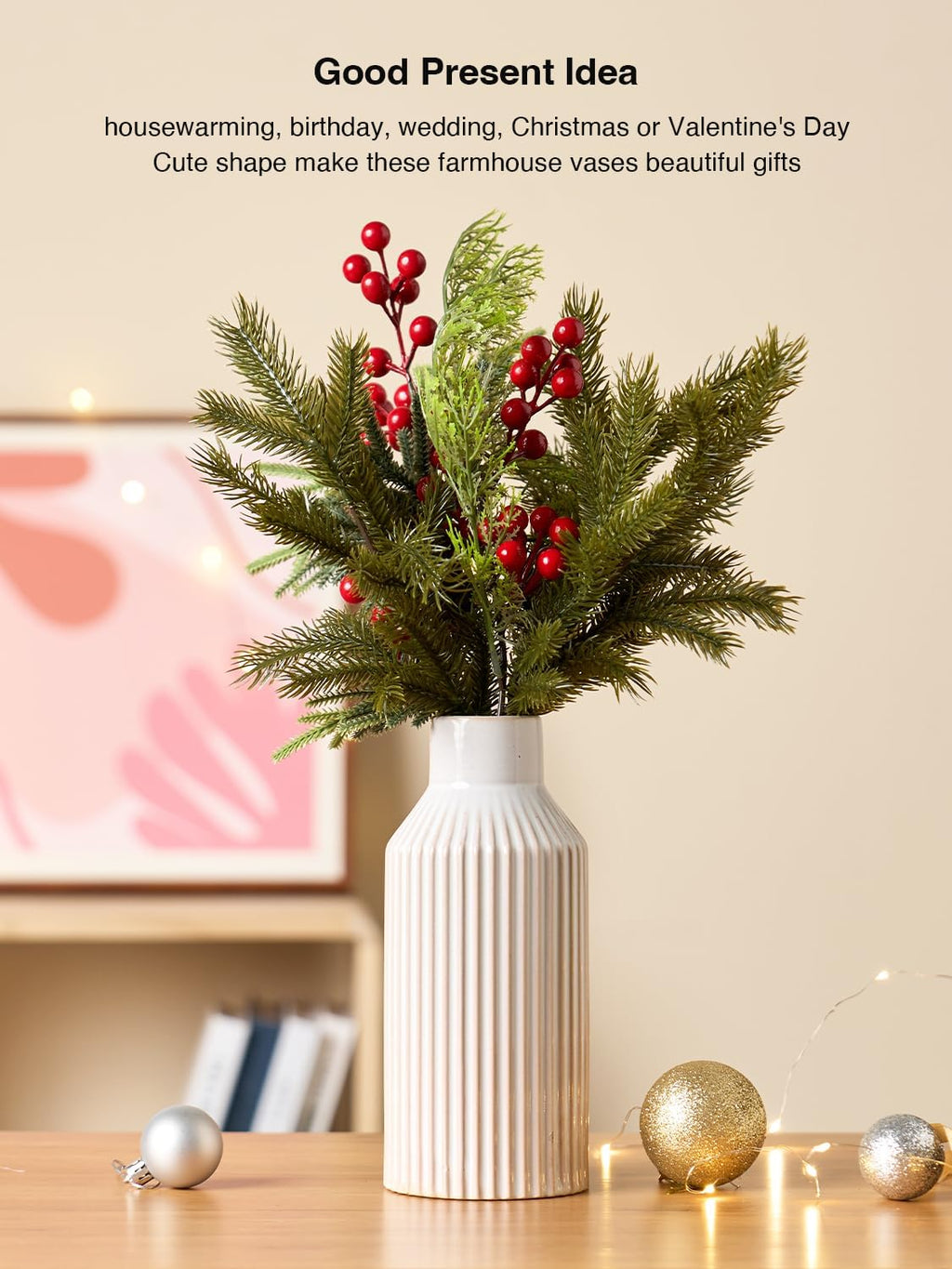 STHIE 8 Inches Ceramic Flower Vase, White Vases for Centerpieces