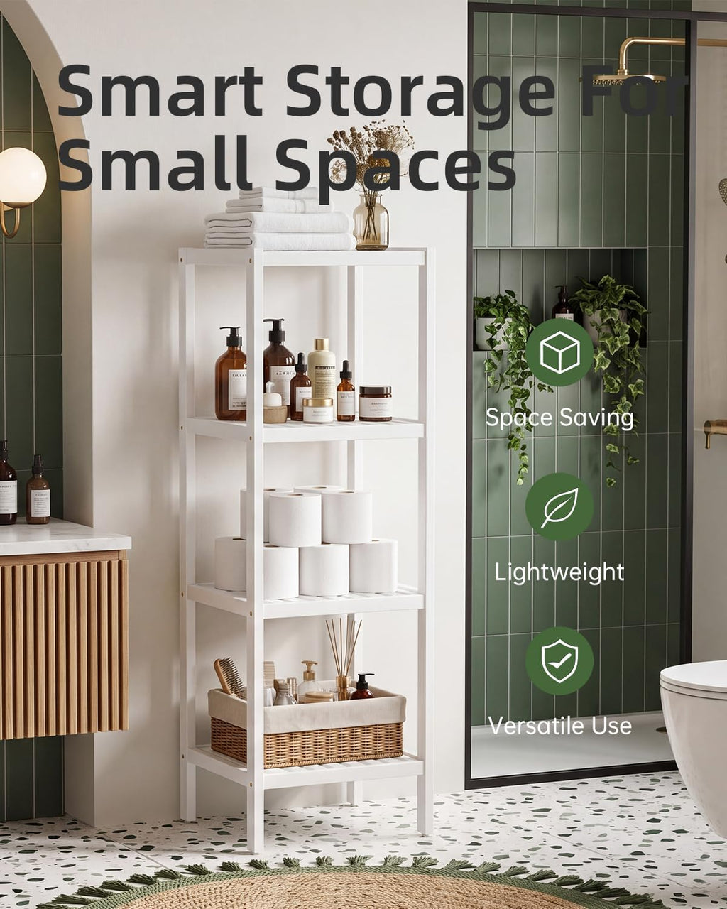 SMIBUY Bathroom Storage Shelf, 4-Tier Bamboo Rack Organizer, Multifunctional Shelving Unit for Living Room Bedroom Kitchen (White)