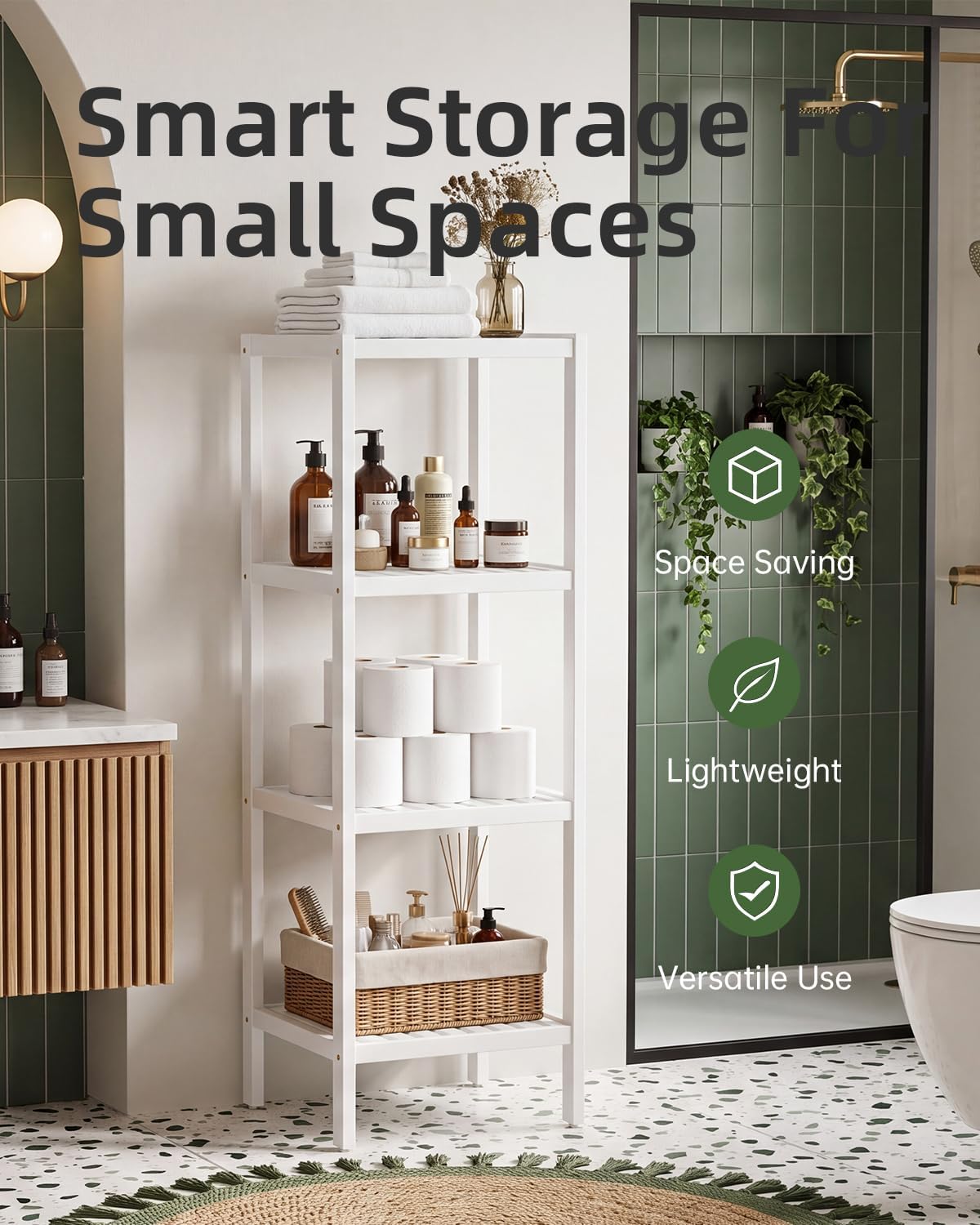 SMIBUY Bathroom Storage Shelf, 4-Tier Bamboo Rack Organizer, Multifunctional Shelving Unit for Living Room Bedroom Kitchen (White)