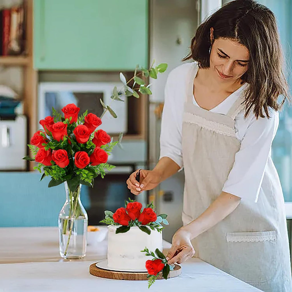 Artificial Rose Flowers Bouquet Realistic Silk Rose Fake Flowers for Wedding Home Centerpieces Party Cemetery Grave Decoration (4 Bouquets, Red)