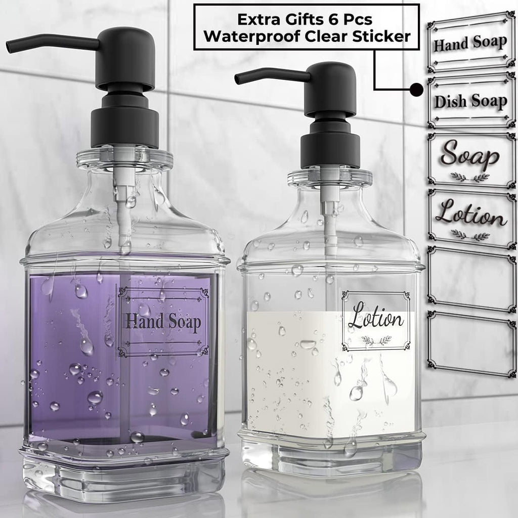 GLADPURE 2 Pack Soap Dispenser, 18 Oz Antique Design Thick Glass Hand Dispensers; with 304 Rust Proof Stainless Steel Pump, 6Pcs Clear Stickers, for Kitchen, Bathroom- Black