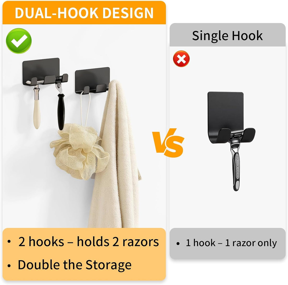 Razor Holder for Shower, Self Adhesive Shaver Shower Hook, Black
