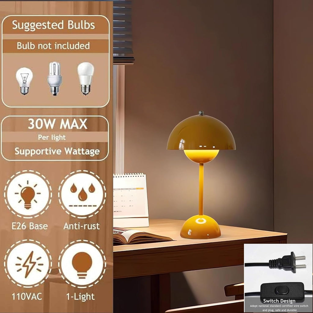 Modern Mushroom Table Lamp Cartoon Iron LED Bedside Lamp Nordic Round Metal Lamp Body Nightstand Lamps for Living Room, Bedroom Study Room Home Office (Yellow)