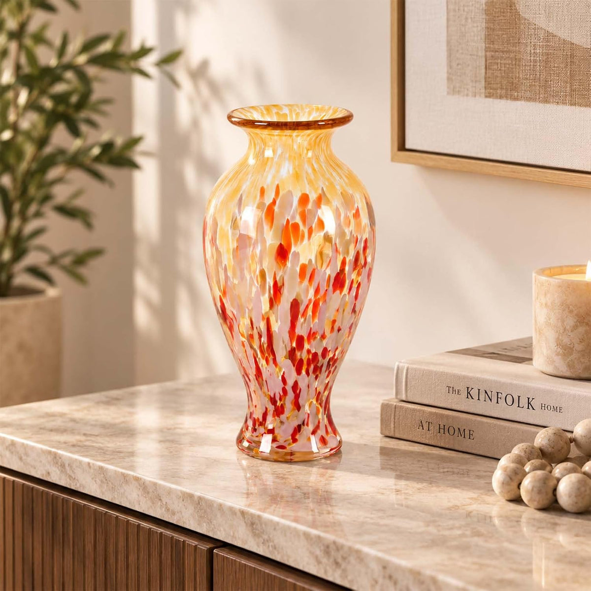 11.8" Tall Glass Vase Beautiful Hand Blown Glass Vase Modern Art Home Decor, Wide Mouth Colorful Vases for Mantle Dining Table Centerpiece, Entryway Living Room Wedding Decoration (Amber Swirl)