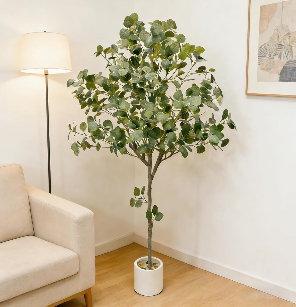 5FT Fake Eucalyptus Plant, Silk Artificial Tree with White Pot
