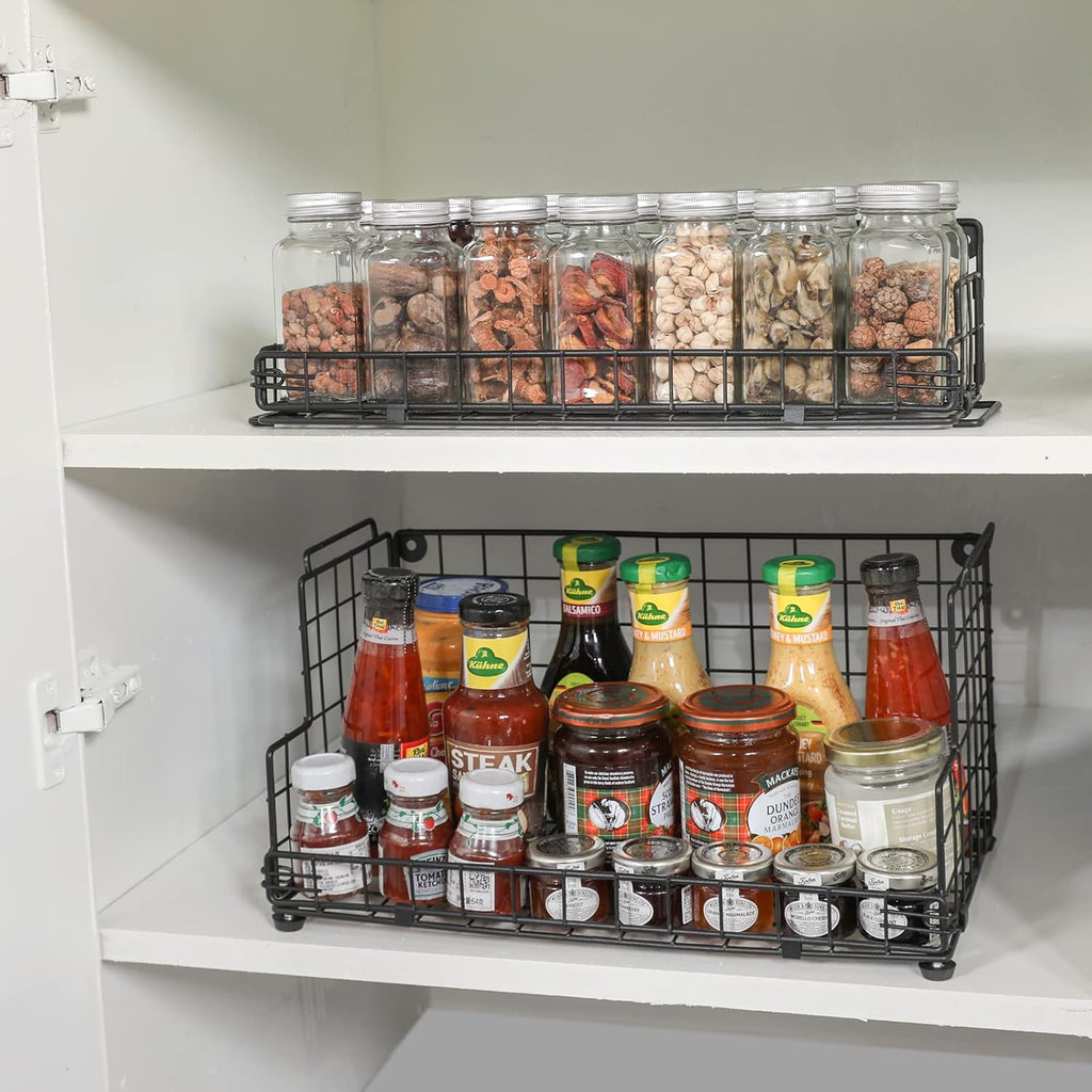 X-cosrack Stackable Wire Basket 3 Tier Countertop& Wall Mounted Metal Storage Basket for Kitchen Pantry Cabinet, Muti-functional Open Front Bin Organizer for Food Fruit Snack, Black
