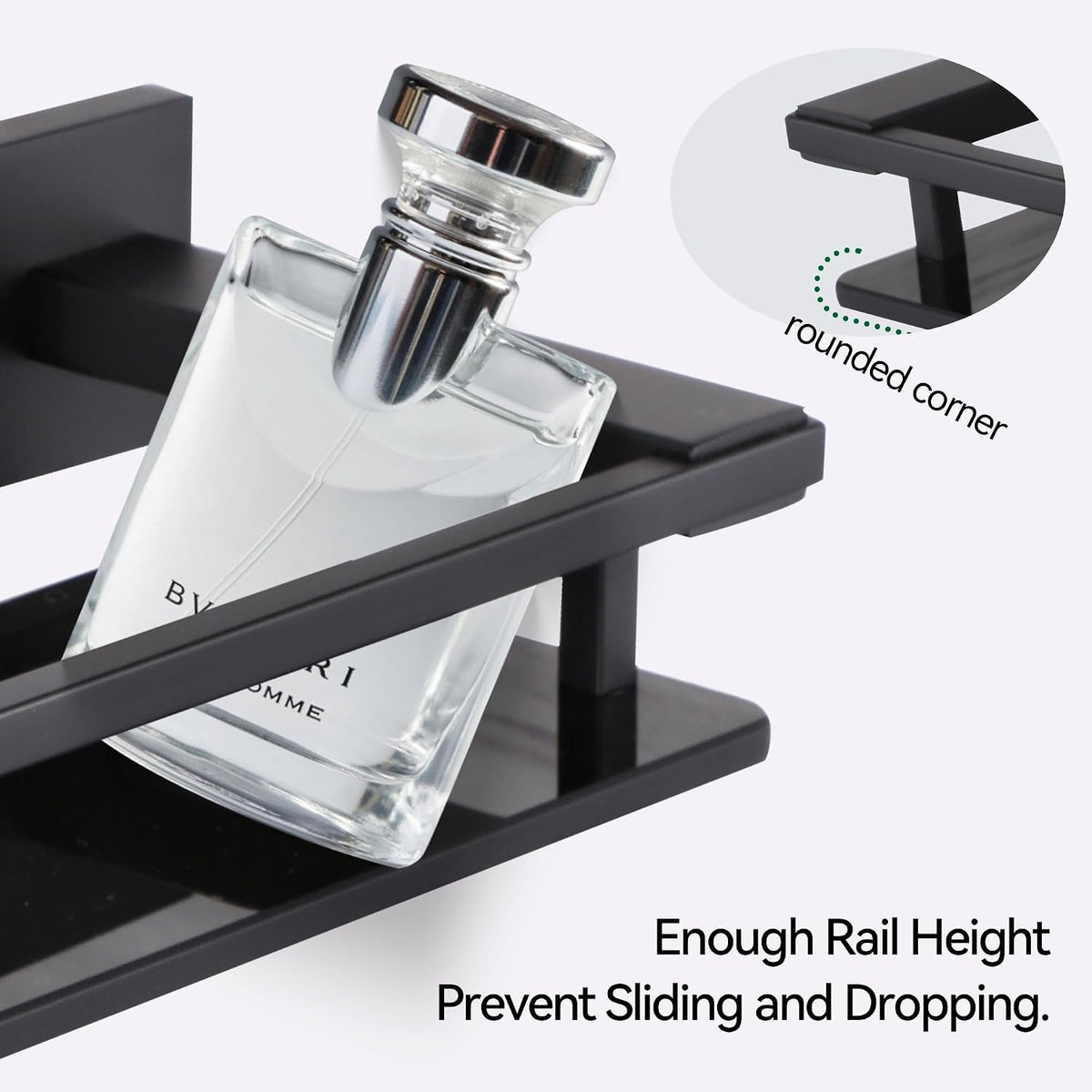 LANC Black Bathroom Shelves Glass Shelf 20-Inch Floating Tempered Glass Shelf Rectangular Modern Stainless Steel Wall Mounted Shelves for Shower Bathroom Kitchen Organizers Accessories ，A7613AB